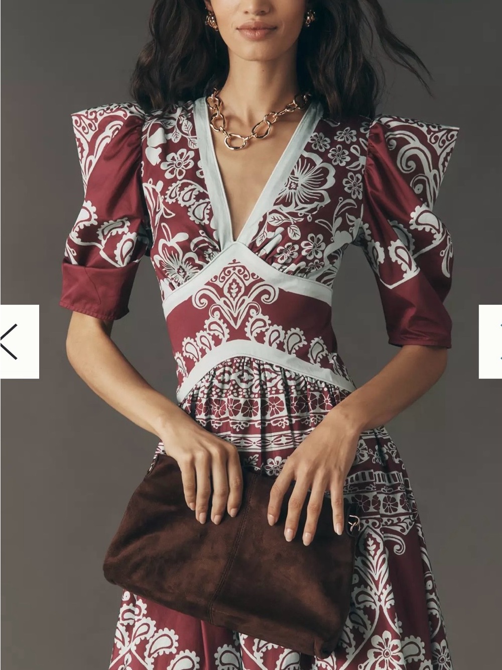 FARM Rio X Anthropologie Burgundy and Blue V-Neck Puff-Sleeve Midi/Maxi Dress - Picture 2 of 16